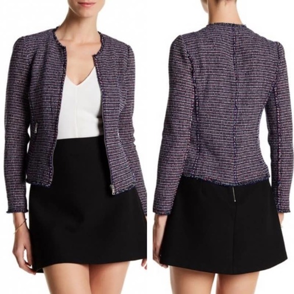 REBECCA TAYLOR Black Pastel Knit Graphic Tweed Jacket 8 MEDIUM Zip Pocket $495